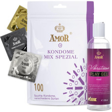 Презервативи та лубрикант - Amor Set Mix Condom, 100 шт. and Vibratissimo Play Gel Med, 250 мл Презервативи та лубрикант - Amor Set Mix Condom, 100 шт. and Vibratissimo Play Gel Med, 250 мл